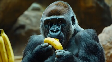 Fototapeta premium Silverback gorilla in close-up eating a banana, detailed and clear