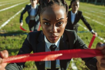 A confident woman grips a red ribbon on a track field. She stands ready, showcasing determination and strength. The others behind her underscore team spirit. Generative AI