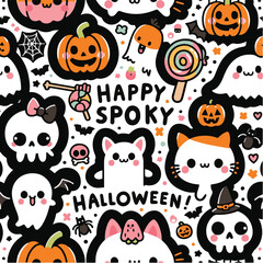 Seamless Halloween Pattern with Pumpkins, Bats, Ghosts, and Spiders