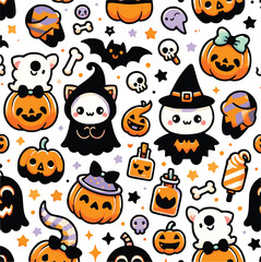 Seamless Halloween Pattern with Pumpkins, Bats, Ghosts, and Spiders