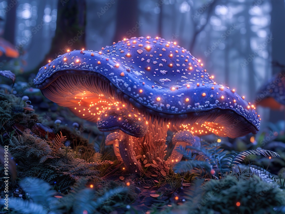 Sticker A large, blue and purple glowing mushroom with orange lights in a misty forest.