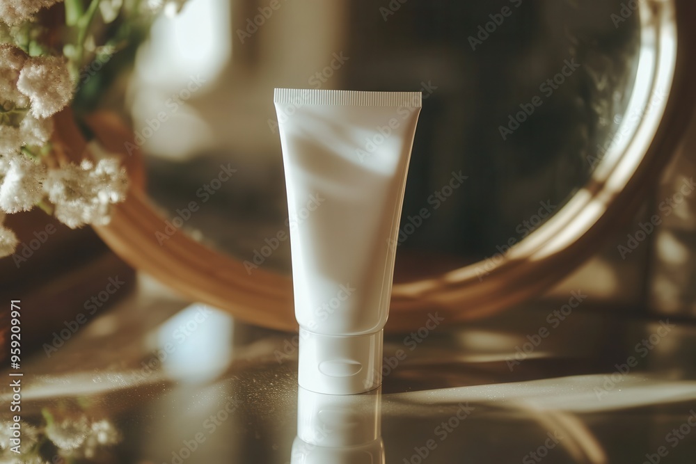Poster a white tube of cream is centered in front of a mirror, reflecting warm sunlight and delicate flower
