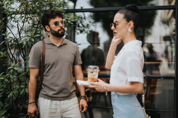 Business professional man and woman talking outdoors, holding coffee, and engaging in a casual work discussion.