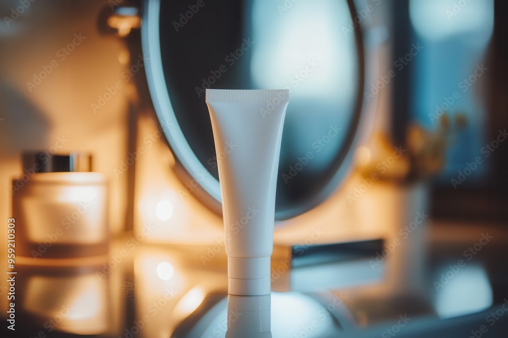 Aufkleber a tube of cream stands in front of a mirror, illuminated by gentle light, suggesting a tranquil mome
