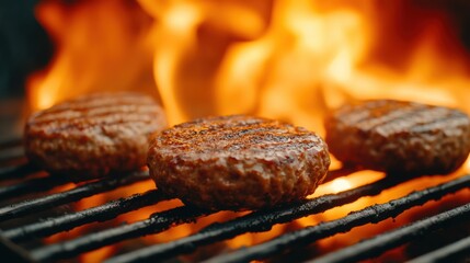 Three hamburger patties are cooking on a grill with flames, AI