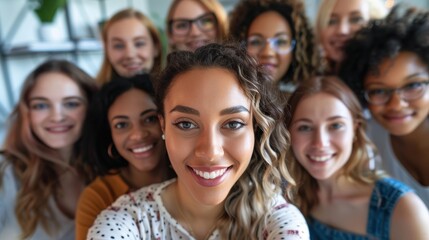 Obraz premium Happy business women taking a selfie, showcasing motivation and teamwork for social media content. Portrait of a cheerful group in a marketing setting