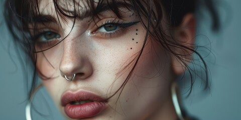 Portrait of a young girl with a stylish look, showcasing fashionable attire and a punk vibe against a neutral background