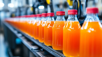 Juice bottles lined up in a factory production line. Ideal for concepts of manufacturing, food and beverage industry, and efficiency.