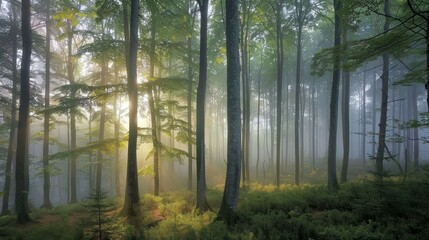 Fototapeta premium a misty forest at golden hour, with sunlight piercing through the fog and casting a soft, warm glow on the trees and undergrowth, creating a magical ambiance, with copy space for text