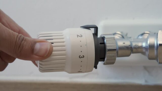 Close up of a white thermostatic valve being adjusted to a lower setting to reduce heat and save money. Could be reversed to increase the heat. Dolly shot.