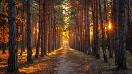 a forest path lined with tall pine trees, illuminated by the warm light of the golden hour, creating a welcoming and peaceful atmosphere, with ample copy space for text