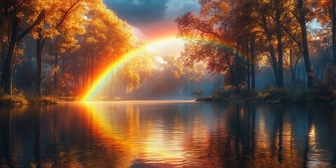 Obraz premium Rainbow Arcing Over a Misty Autumn Forest Lake