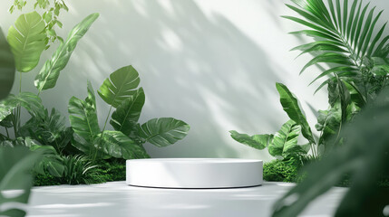 A chic white podium placed on a 3D abstract minimal background, surrounded by a lush green forest.