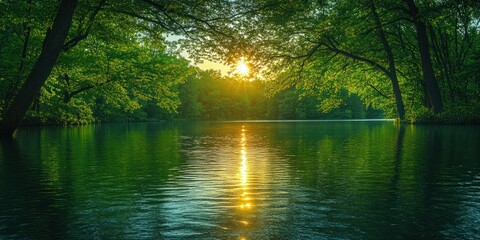 Fototapeta premium Sunset Glowing Through Tree Canopy Reflected in Calm Water