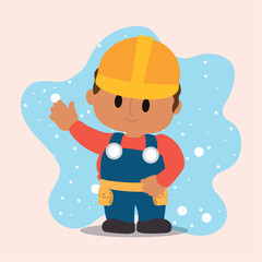 Cartoon construction worker in yellow hard hat, Vector