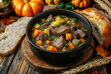 Image of a hearty beef stew served in a cast iron pot, with chunks of tender meat, root vegetables, and herbs.