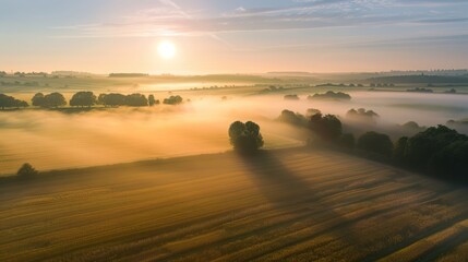 Obraz premium fog rolling over a peaceful countryside landscape during golden hour, with the sun casting a warm glow on the fields and creating a calm and serene scene, with copy space for text