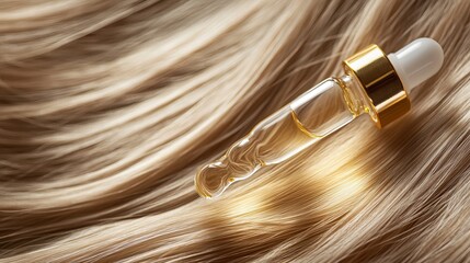 Fototapeta premium Golden hair oil in a clear dropper bottle adds luxury to blonde hair, evoking upscale hair care. 