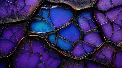   A zoomed-in shot of a blue and purple area with droplets of water covering its surface, plus a yellow stripe in the center