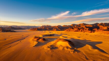Fototapeta premium golden hour aerial view of a desert landscape, with the sun casting long shadows on the sand dunes and creating a warm, golden hue, creating a tranquil and expansive scene, with copy space for text