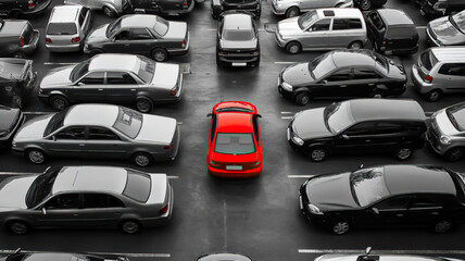 Fototapeta premium A large parking lot filled with cars, all in grayscale and monotone. Among the sea of grey and black cars, there’s one bright red car that stands out strikingly in the center of the frame.