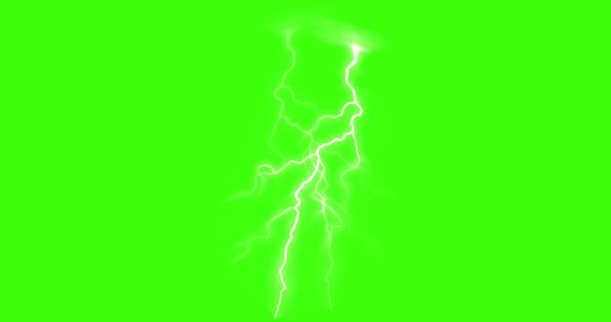 Lightning Thunder over a solid green background. 4k resolution white Strike of Electric Thunderstorm Overlay on chroma key. Editable Graphic for Dramatic Storms and Bad Weather