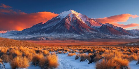 Snow-capped Mountain Peak with Golden Grass and a Pink Sky at Sunset