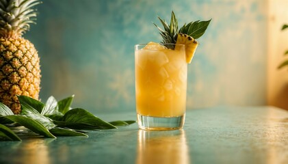 A sleek, highball glass of cold pineapple juice with a pineapple leaf garnish, set against a softly blurred matte gold background