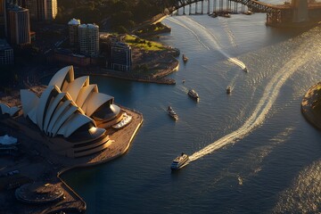 Aerial View of the Sydney Opera House with Boats and Cityscape at Sunset
