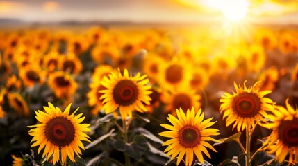 Obraz premium sunset casting a golden glow over a field of sunflowers, their faces turned towards the fading light, creating a peaceful and vibrant scene, with ample copy space for text