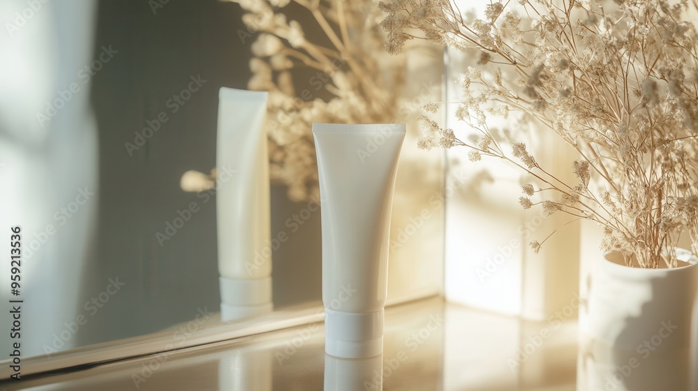 Poster a tube of cream is positioned on a countertop, reflecting softly in a mirror alongside a vase of del