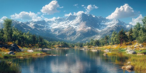 Fototapeta premium Tranquil Mountain Lake with Snowy Peaks and Lush Trees