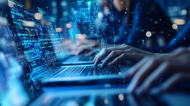 Software engineers use laptops to develop software with javascript and binary code on virtual screens, showcasing digital technology and software development. 