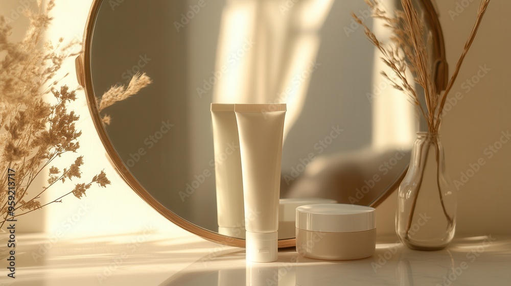 Poster A tube of cream and a small jar are beautifully arranged on a table, reflecting softly in a round mirror surrounded by natural decor. Generative AI