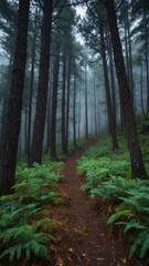 Obraz premium a foggy morning in a dense pine forest