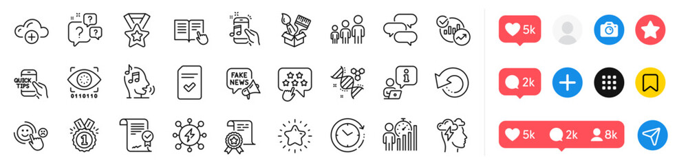 Ranking star, Power and Interview line icons pack. Social media icons. Read instruction, Cloud computing, Voicemail web icon. Chemistry dna, Brush, Approved pictogram. Vector