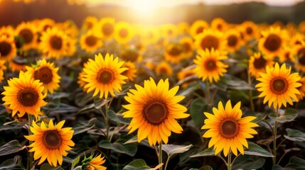 Obraz premium golden field of sunflowers facing the setting sun, with the light illuminating the flowers and creating a vibrant and joyful scene, with clear copy space for text