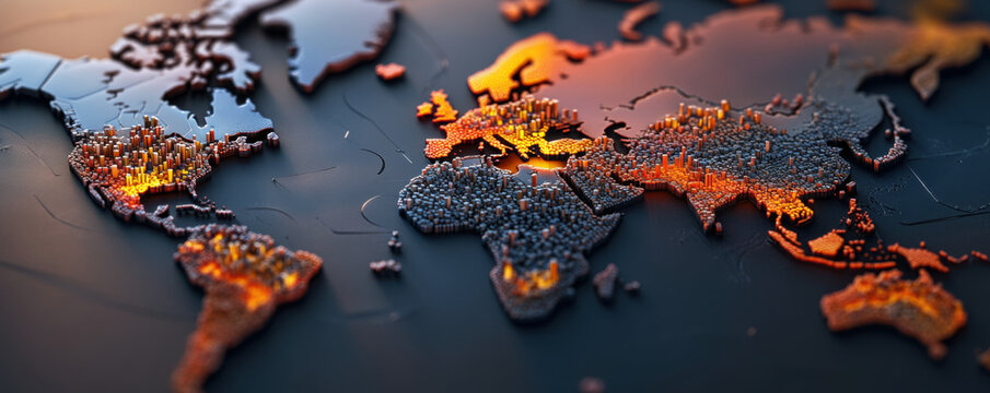 Global map showcasing densely illuminated city clusters in various regions, highlighting urbanization and population density across continents.