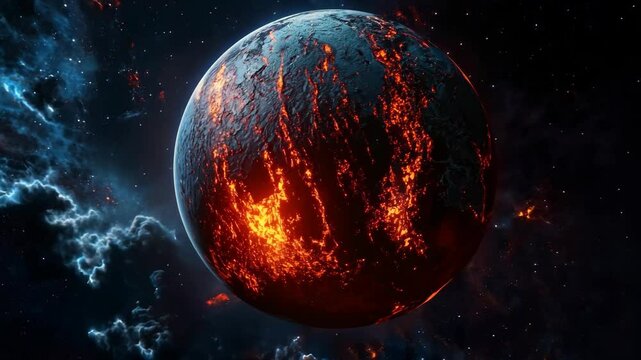 Cinematic View of Volcanic Planet with Lava and Space Background