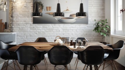 Modern Elegance in Dining Room with Wooden Table and Black Chairs