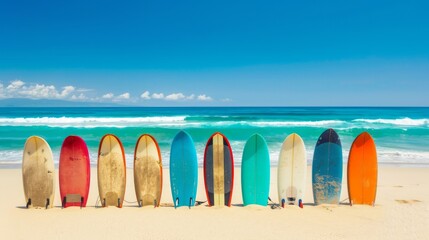 surfboards lined up on the sandy beach, with clear blue water in the background and waves perfect for surfing, capturing the spirit of a summer surf session, with clear copy space for text