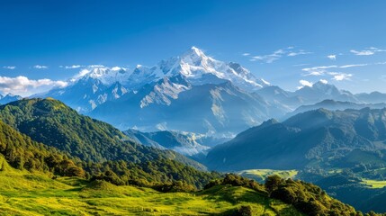 Fototapeta premium scenic mountain view with a clear blue sky, snow-capped peaks, and lush green valleys below, capturing the essence of summer adventures, with copy space for text