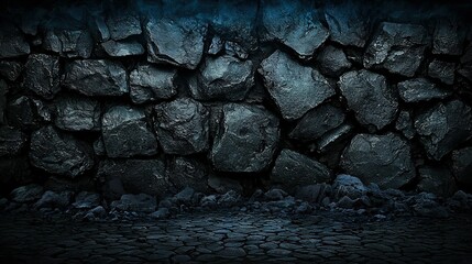   A wall composed of stones lit by blue light emanating from above the top rock and below the bottom rock