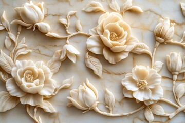 This detailed basrelief sculpture features intricate roses and other exquisite flowers, showcasing timeless elegance and artistic mastery in a vintage style that captivates and draws the observer in