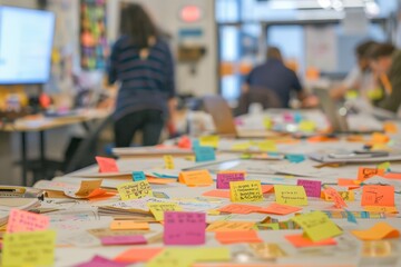 a desk with a lot of post it notes on it brainstorming session amidst post-it notes and whiteboards