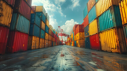 Fototapeta premium Stacked Shipping Containers at a Port - A Realistic Image