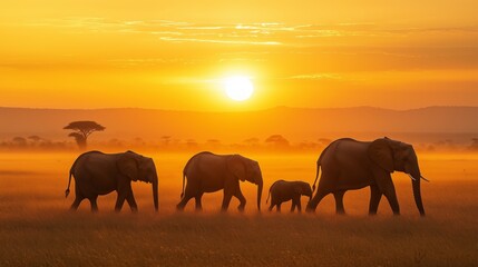 Fototapeta premium Elephants walking in a field with the sun in the background. The sun is setting, creating a warm and peaceful atmosphere.