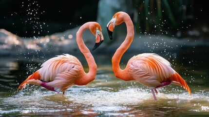 Two flamingos standing in a pond. Concept of tranquility and natural beauty