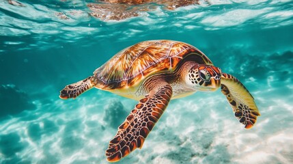 Fototapeta premium A turtle swimming in the ocean.