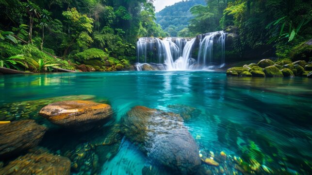 scenic view of a tropical waterfall cascading into a clear blue pool surrounded by lush greenery and exotic plants, creating a serene and picturesque setting, with ample copy space for text